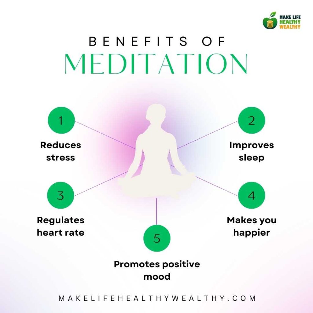 A peaceful person meditating in a serene environment, showcasing the mental and physical benefits of meditation such as stress relief, focus, and inner peace